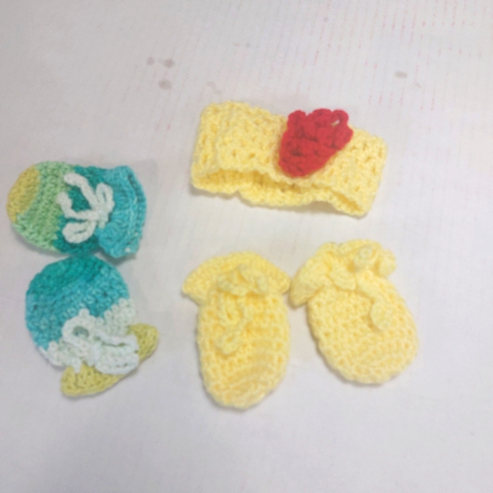 Baby Girl Mitten and Headband. Yellow Red and Blue